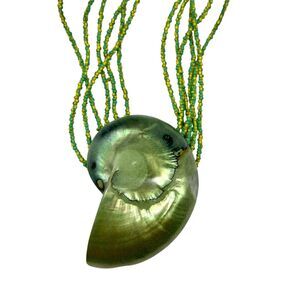 Vintage Nautilus Shiva Shell Necklace Seed Beads Green Yellow 24 Inch READ!